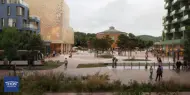 Illustrasjon viser det nye torget som skal bygges i Åsane, med eksisterende kirke i bakgrunnen.