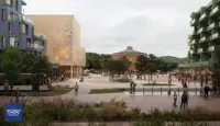 Illustrasjon viser det nye torget som skal bygges i Åsane, med eksisterende kirke i bakgrunnen.