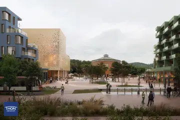 Illustrasjon viser det nye torget som skal bygges i Åsane, med eksisterende kirke i bakgrunnen.