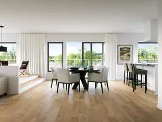 3D illustrasjon av spisestuen i en leilighet i boligprosjektet Parkodden i Lillestrøm.