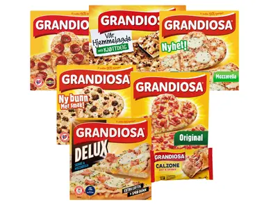 Utvalg av Grandiosa frossenpizza i forskjellige varianter.