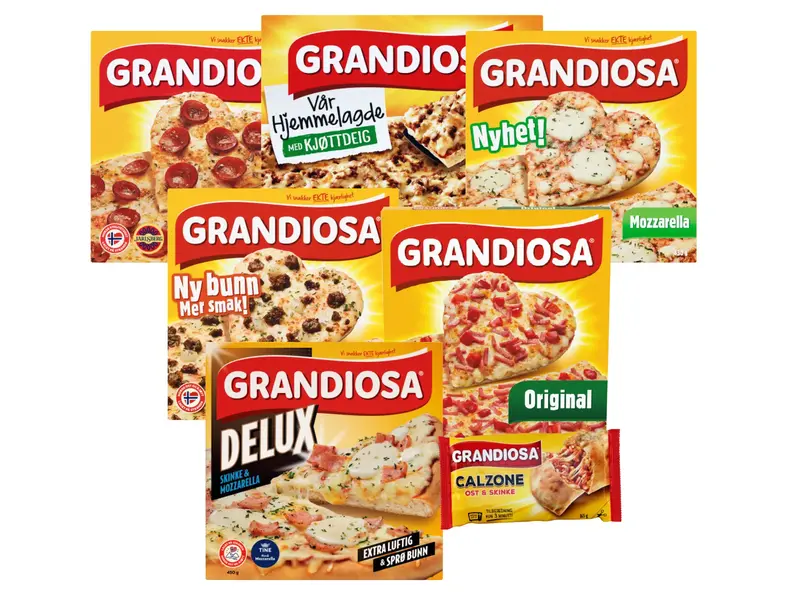 Utvalg av Grandiosa frossenpizza i forskjellige varianter.