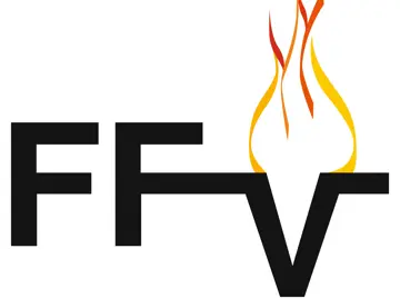 Logo for Follo Fjernvarme med forkortelsen FFV i svarte bokstaver på hvit bakgrunn, med tegnet ild over V-en.