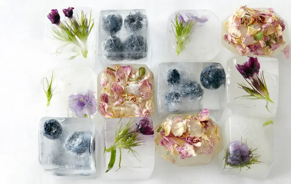 Firkantede isbiter fylt med blåbær eller blomster