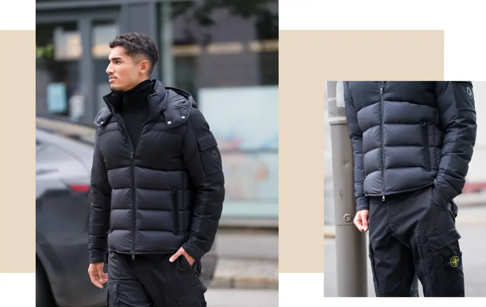 Jakke fra Moncler, Follestad kr 25.999,- // cargobukse fra Stone Island, Høyer kr 3.988,- // pologenser fra Samsøe, Høyer kr 1.200,-