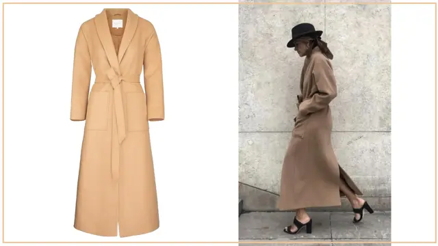 Kollasj av maxikåpe produktbilde og dame iført kåpe