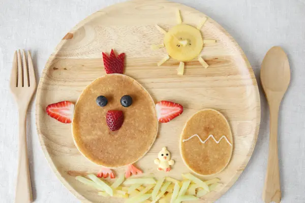 Easter Rooster and chick pancake breakfast, fun food art for kids