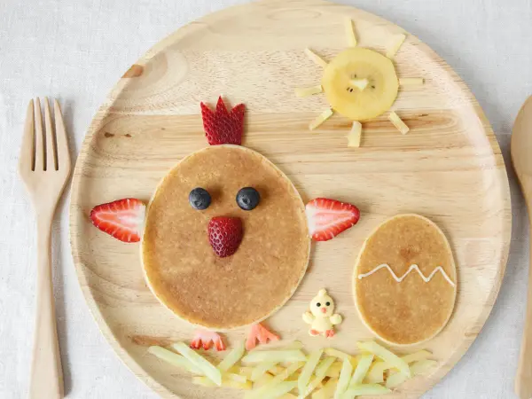 Easter Rooster and chick pancake breakfast, fun food art for kids