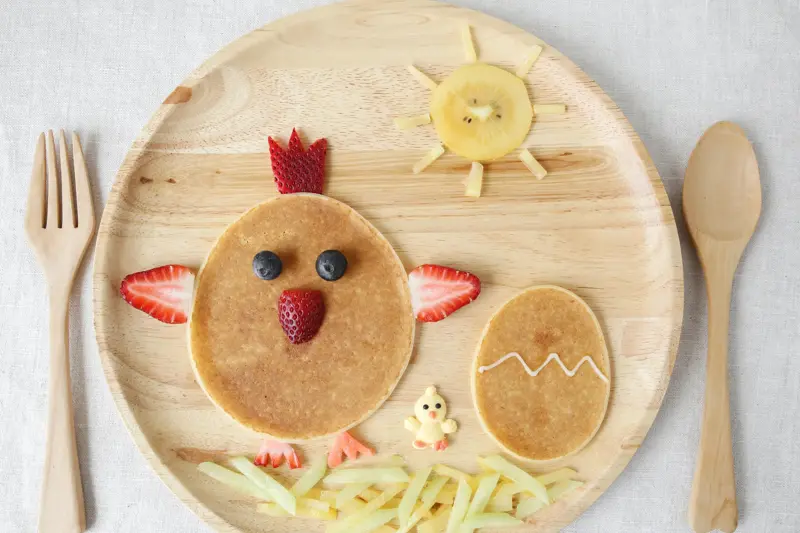 Easter Rooster and chick pancake breakfast, fun food art for kids
