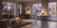 Illustrasjon og digital stylet stue og spisestue på kvelden av en leilighet på Heggedal Hage.