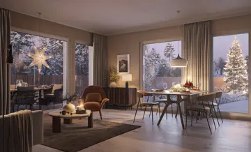 Illustrasjon og digital stylet stue og spisestue på kvelden av en leilighet på Heggedal Hage.