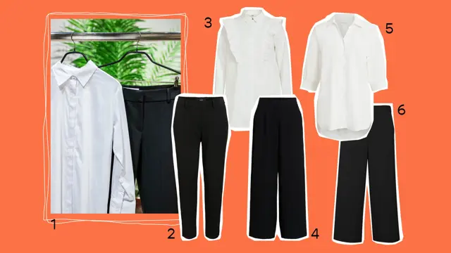 Kollasj av sorte underdeler og hvite overdeler, produktbilder