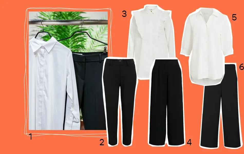 Kollasj av sorte underdeler og hvite overdeler, produktbilder