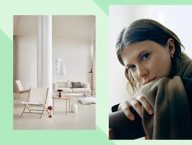 Interiørfoto Illums Bolighus, damemodell ser i kamera,har på seg skjerf og genser.