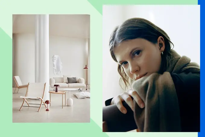 Interiørfoto Illums Bolighus, damemodell ser i kamera,har på seg skjerf og genser.