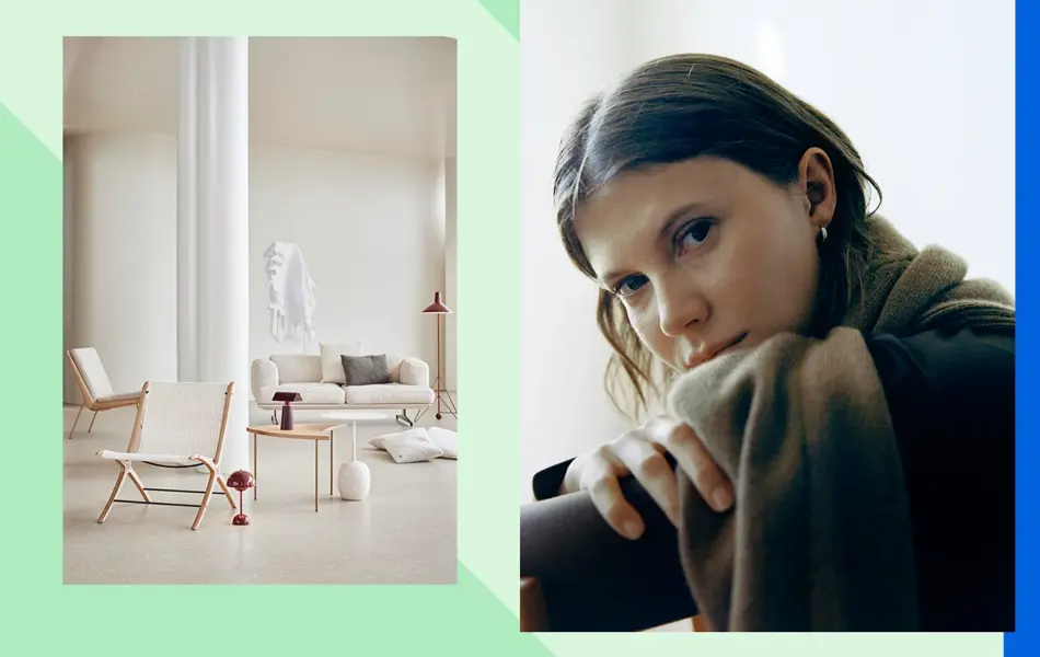 Interiørfoto Illums Bolighus, damemodell ser i kamera,har på seg skjerf og genser.