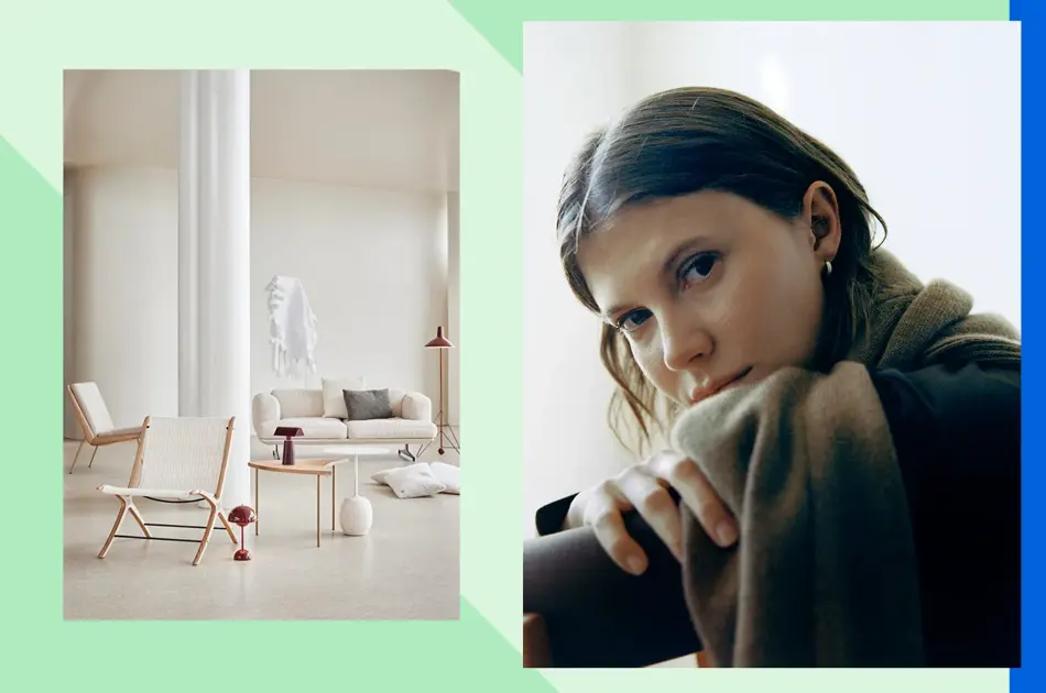 Interiørfoto Illums Bolighus, damemodell ser i kamera,har på seg skjerf og genser.