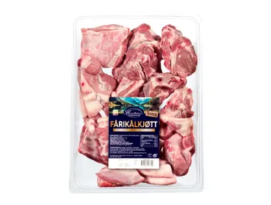 Fårikålkjøtt i plastbrett med etikett