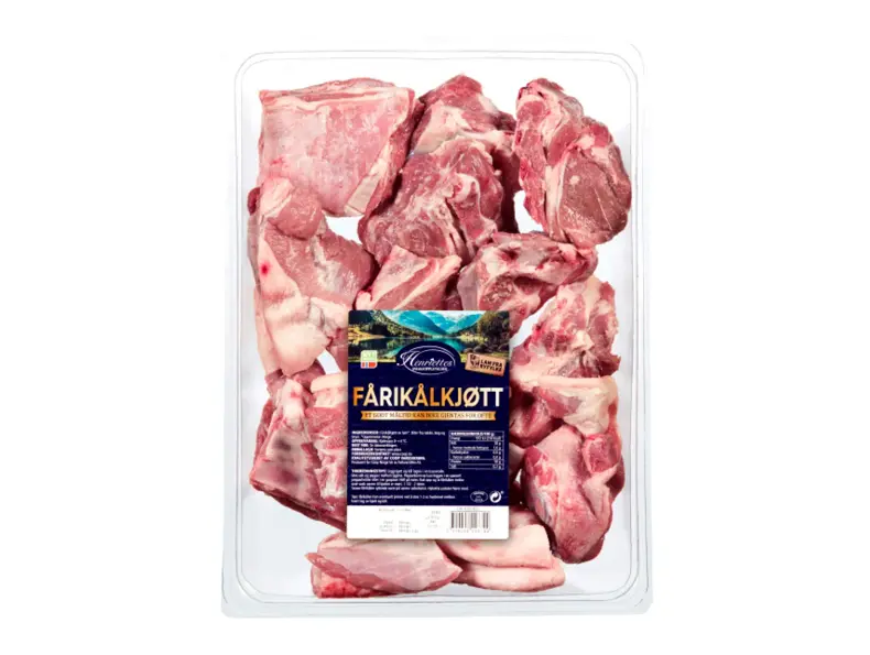 Fårikålkjøtt i plastbrett med etikett