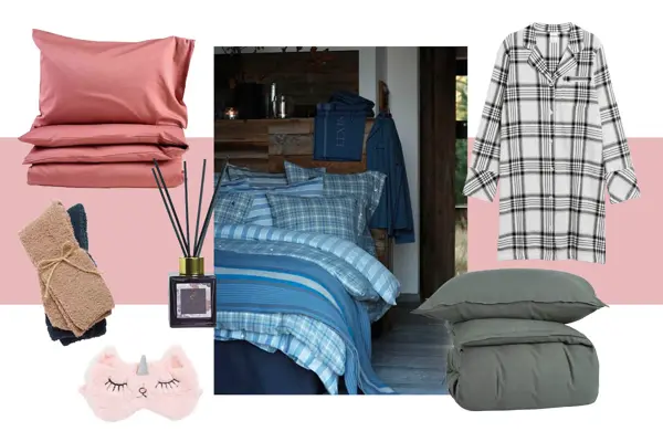 Produktbilder, sengetøy, kosesokker, sovemaske og pysj.
