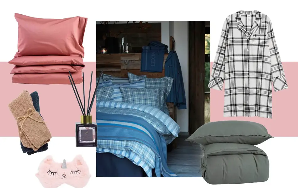 Produktbilder, sengetøy, kosesokker, sovemaske og pysj.