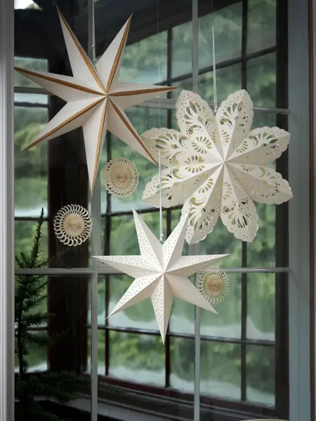 ulike varianter av hvite julestjerner opphengt i et vindu