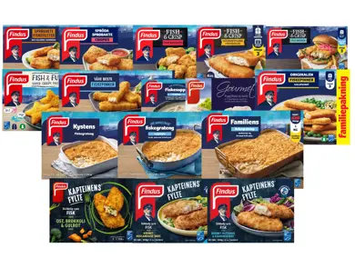 Utvalg av fiskeprodukter og fiskeretter fra Findus.