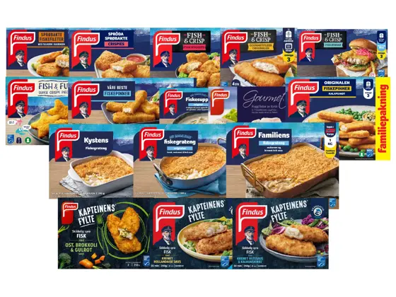 Utvalg av fiskeprodukter og fiskeretter fra Findus.