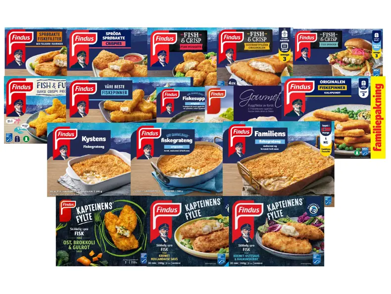 Utvalg av fiskeprodukter og fiskeretter fra Findus.