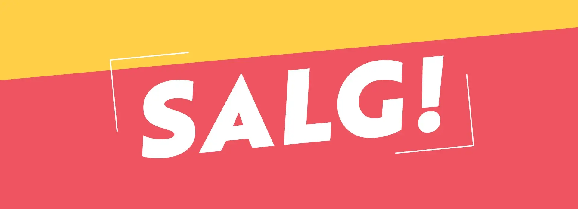 Gul og rød bakgrunn med hvit tekst: "SALG!"