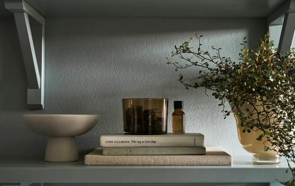 Hylle med bolle, plante og bøker.