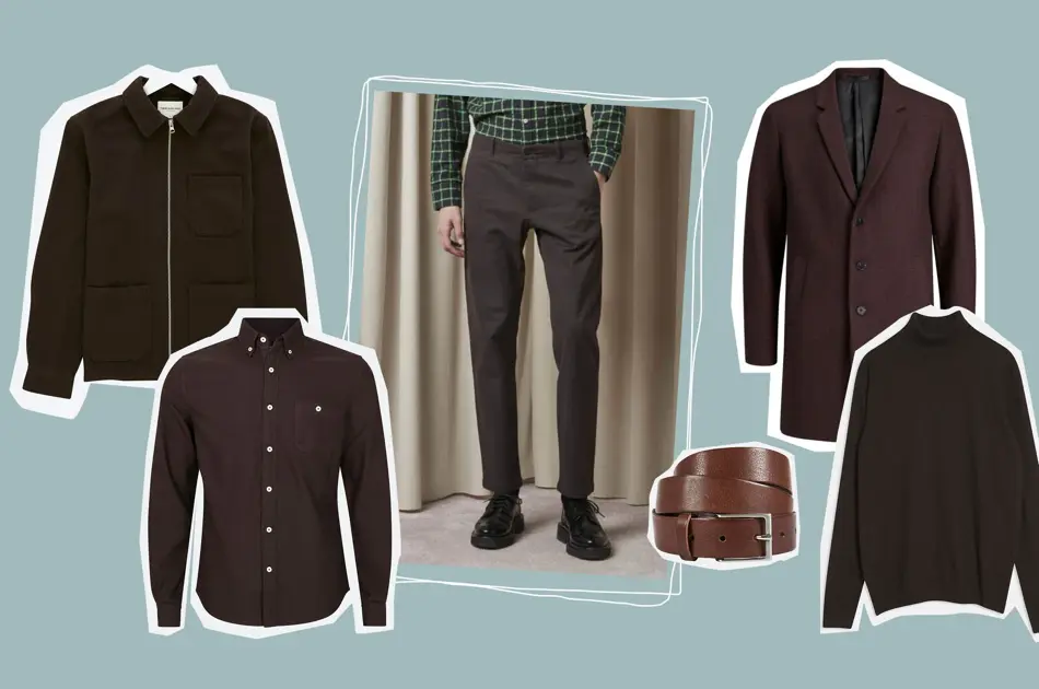 Kollasj av herreklær, skjorte, lue, belte og frakk