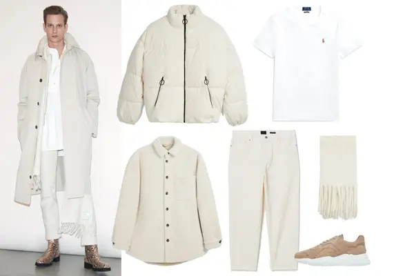 mann i hvitt antrekk, utvalg av overdeler og bukser i hvitt