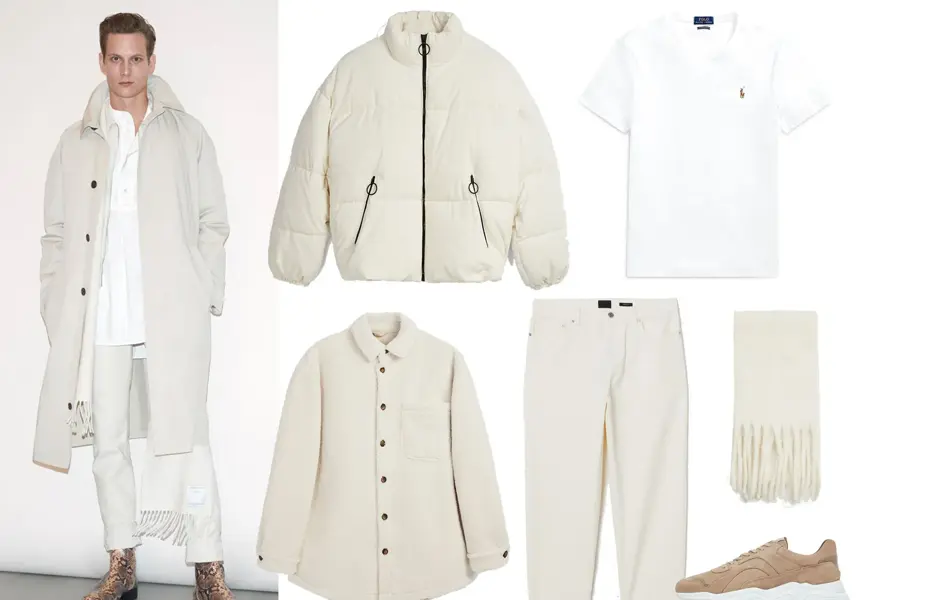 mann i hvitt antrekk, utvalg av overdeler og bukser i hvitt