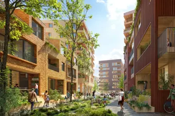 Illustrasjon som viser fasaden av boligprosjektet Flytårnet felt 8.4 på Fornebu. Et samarbeidsprosjekt mellom OBOS og Thon Eiendom.
