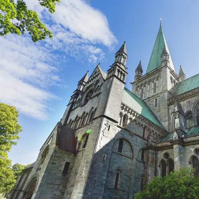 Nidaros Cathedral (Nidarosdomen) in sunny summer day. Trondheim, Norway.