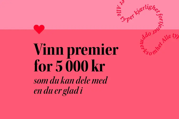 Grafisk rosa bilde med teksten "Vinn premier for 5000 kr"