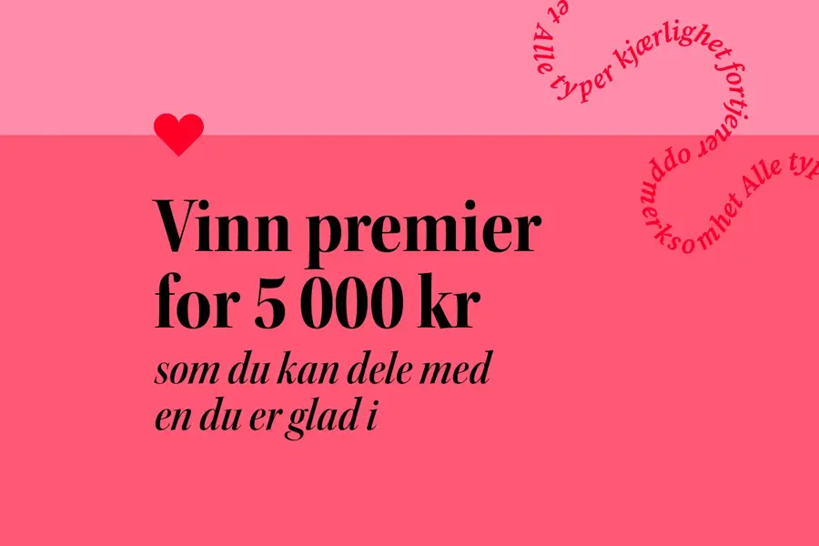 Grafisk rosa bilde med teksten "Vinn premier for 5000 kr"