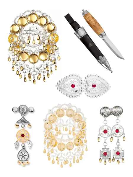 Stor sølje, bunadskniv, bunad hårspenne, smal sølje, stor rund sølje, halsbunadsølje.