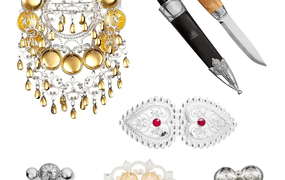 Stor sølje, bunadskniv, bunad hårspenne, smal sølje, stor rund sølje, halsbunadsølje.