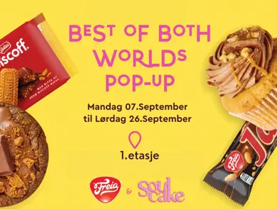 best of both worlds pop-up soulcake x Freia kaker, kjeks og sjokolade på gul bakgrunn
