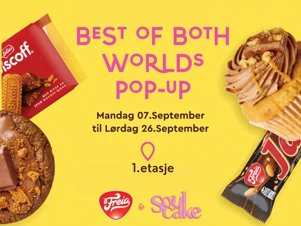 best of both worlds pop-up soulcake x Freia kaker, kjeks og sjokolade på gul bakgrunn