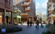 Illustrasjon viser bymiljø med butikker, boliger og mennesker i planlagt nytt bydelssentrum i Åsane