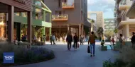 Illustrasjon viser bymiljø med butikker, boliger og mennesker i planlagt nytt bydelssentrum i Åsane