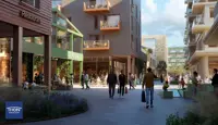 Illustrasjon viser bymiljø med butikker, boliger og mennesker i planlagt nytt bydelssentrum i Åsane