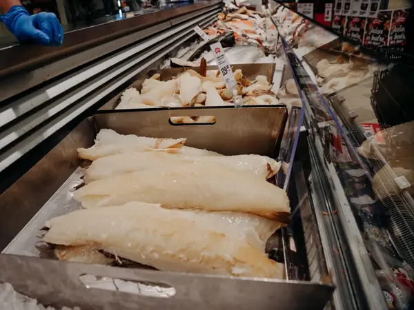 ferskvaredisk med utvalg av fersk fisk