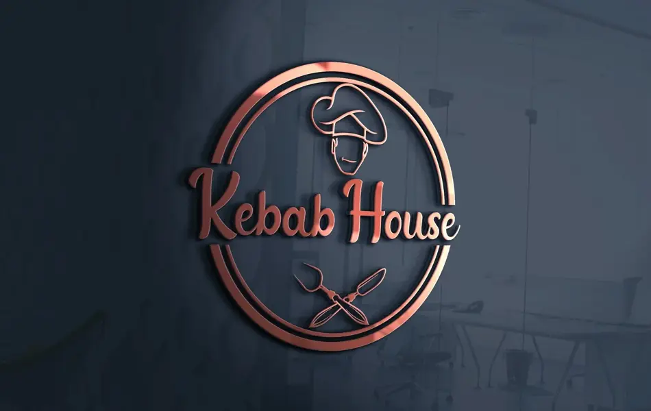 Rustrød logo av "Kebab House" med mørkeblå bakgrunn
