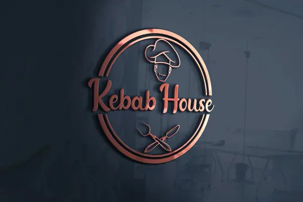 Rustrød logo av "Kebab House" med mørkeblå bakgrunn