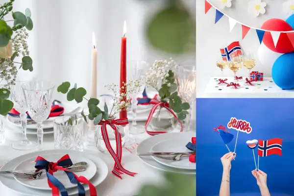 Bord dekket til 17. mai, hvit duk, hvitt service, blomster, stearinglys, sløyfer, flagglenke, ballonger, vinglass,