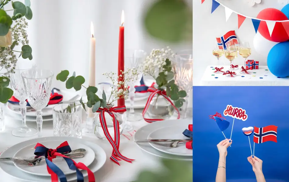 Bord dekket til 17. mai, hvit duk, hvitt service, blomster, stearinglys, sløyfer, flagglenke, ballonger, vinglass,